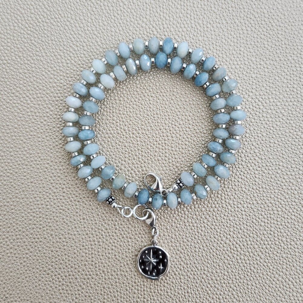 AQUAMARINE NECKLACE W/ 925 SILVER NORTH STAR PENDANT - Picture 2 of 4